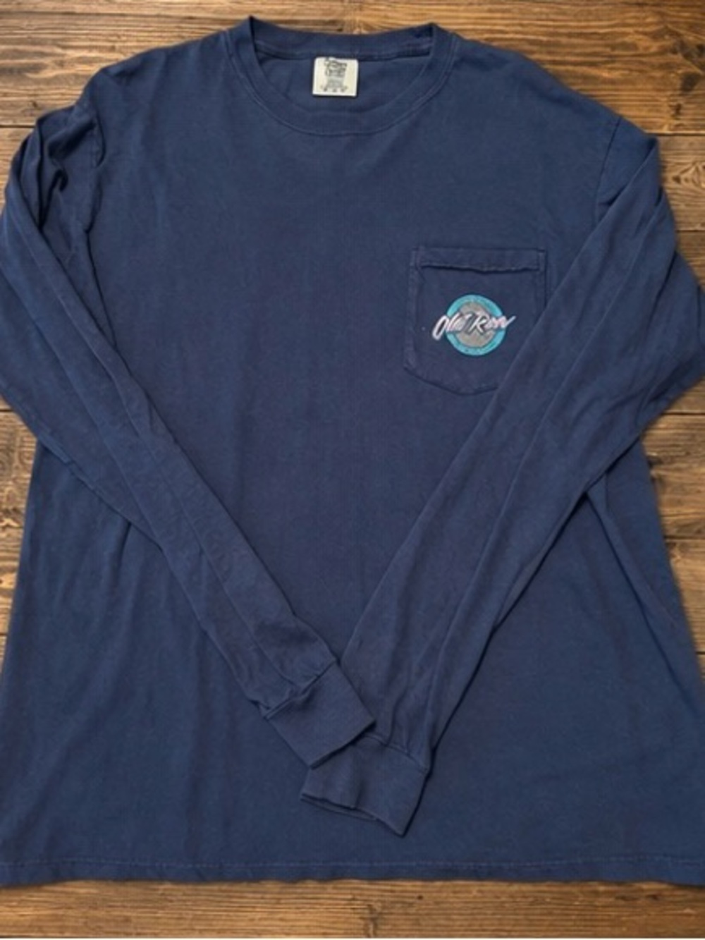 Men's Navy Long-Sleeve Pocket Tee with Wave Logo